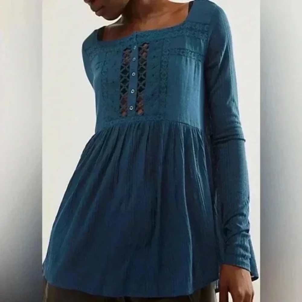 Free People Blue/Green Long Sleeve Lace-Up Blouse